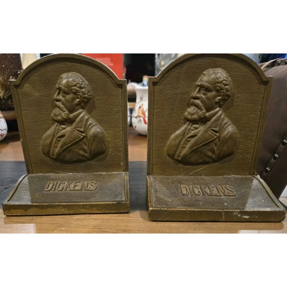 S/2 Antique Cast Iron Bookends DICKENS Pair